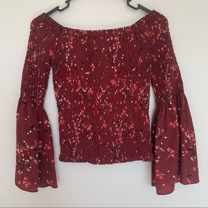 Express blouse floral maroon red ruffles flared